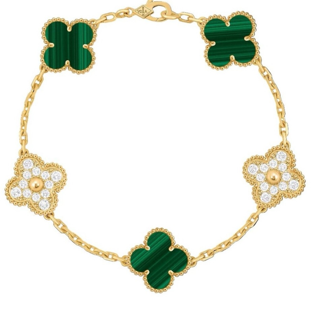 Van Cleef & Arpels Elegant Gold Bracelet with Green and White Motifs